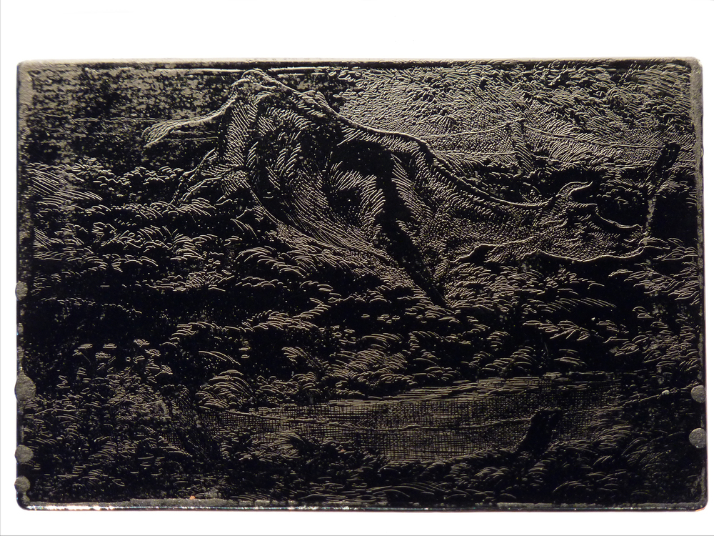 etsplaat in schellak reikhalzende koe bij sloot